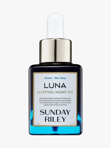 Sunday Riley Luna Sleeping Retinoid Night Oil in branded component on a light gray background
